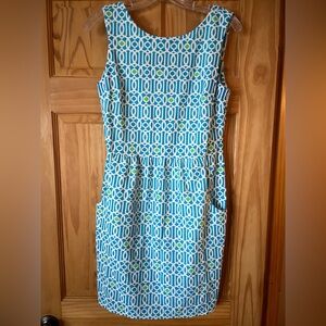 Jude Connally Turquoise and White Geometric Midi Dress